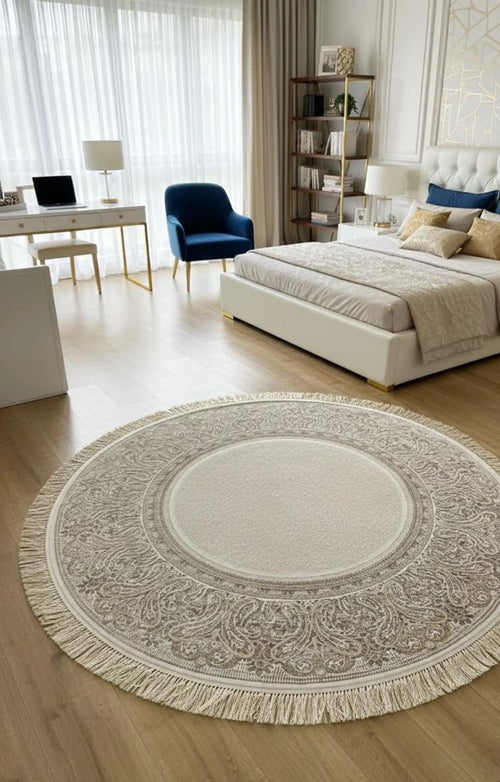 5x5 ft White Gold Gray Silk Rug, Framed Round Area Rug