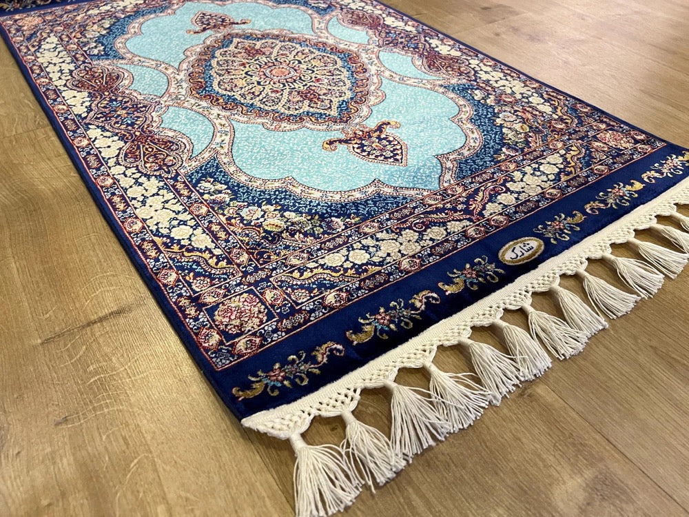 2x3 ft Blue Silk Rug, Small Medallion Rug