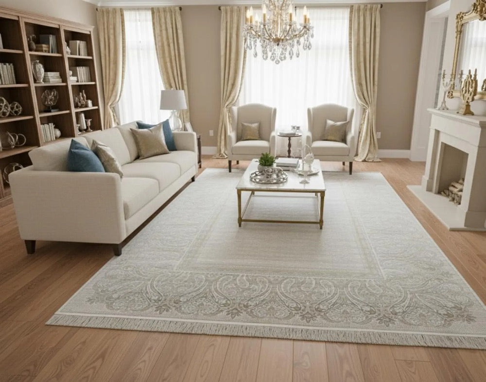 Cream Gray Gold Framed Silk Rug, Classic Luxury Area Rug