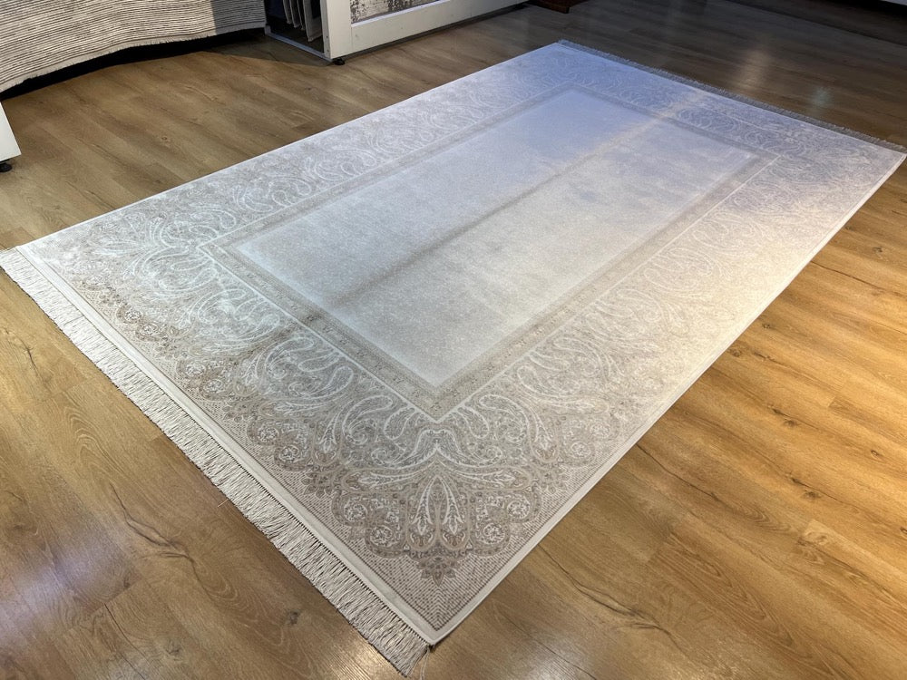 Cream Gray Gold Framed Silk Rug, Classic Luxury Area Rug