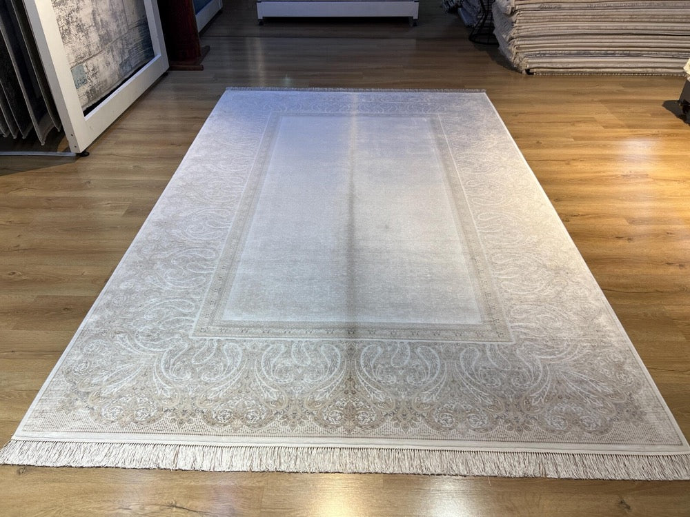 Cream Gray Gold Framed Silk Rug, Classic Luxury Area Rug