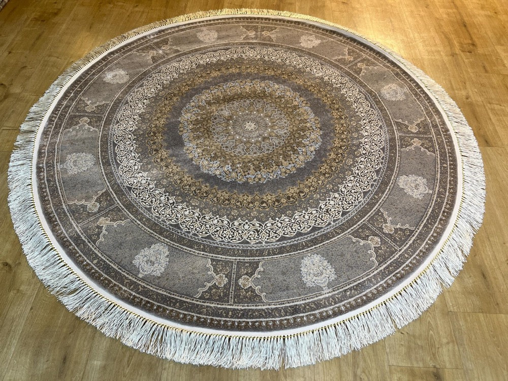 5x5 ft Gray Round Medallion Silk Rug, Classic Elegant Area Rug