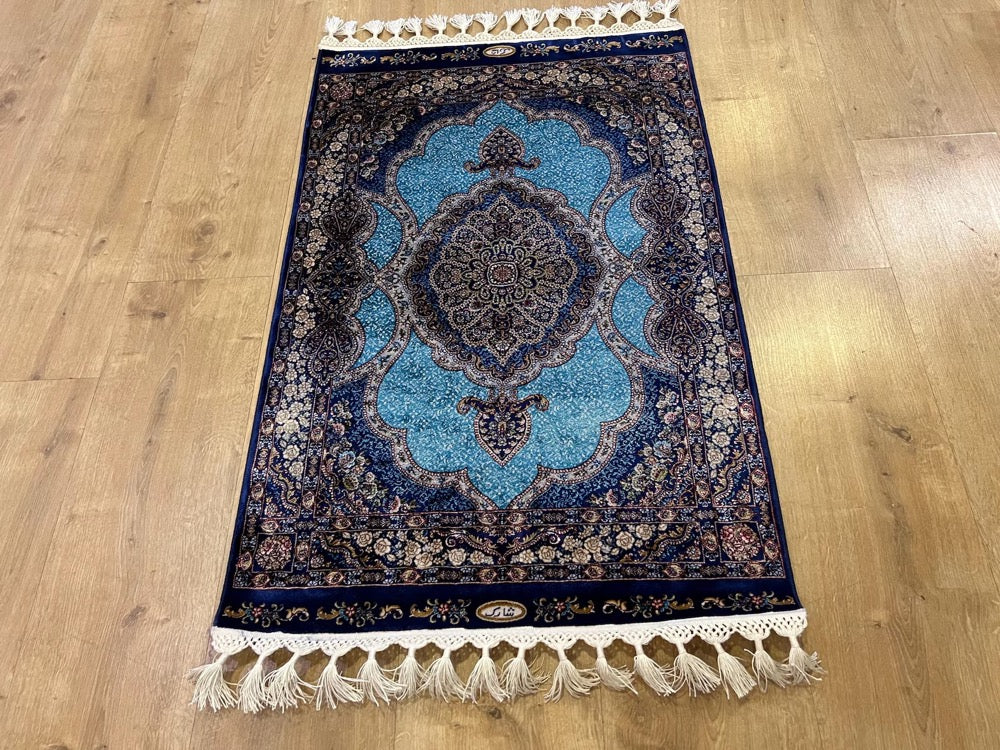 2x3 ft Blue Silk Rug, Small Medallion Rug