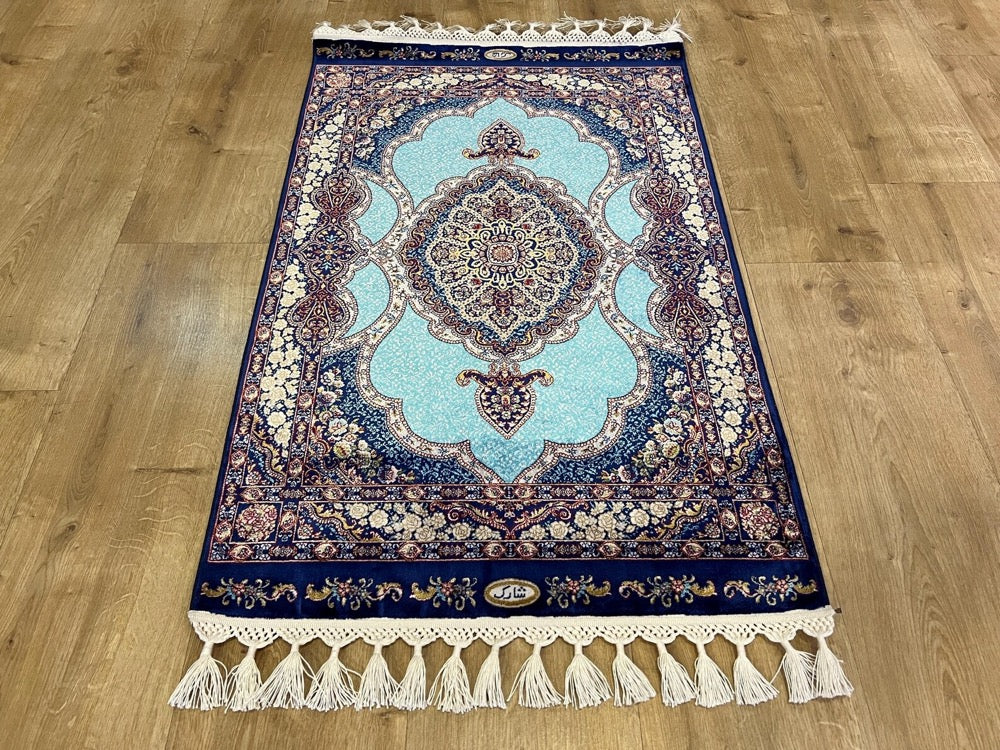 2x3 ft Blue Silk Rug, Small Medallion Rug