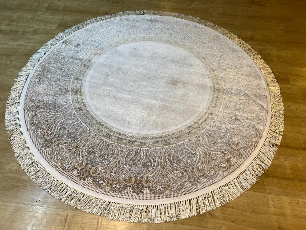 5x5 ft White Gold Gray Silk Rug, Framed Round Area Rug