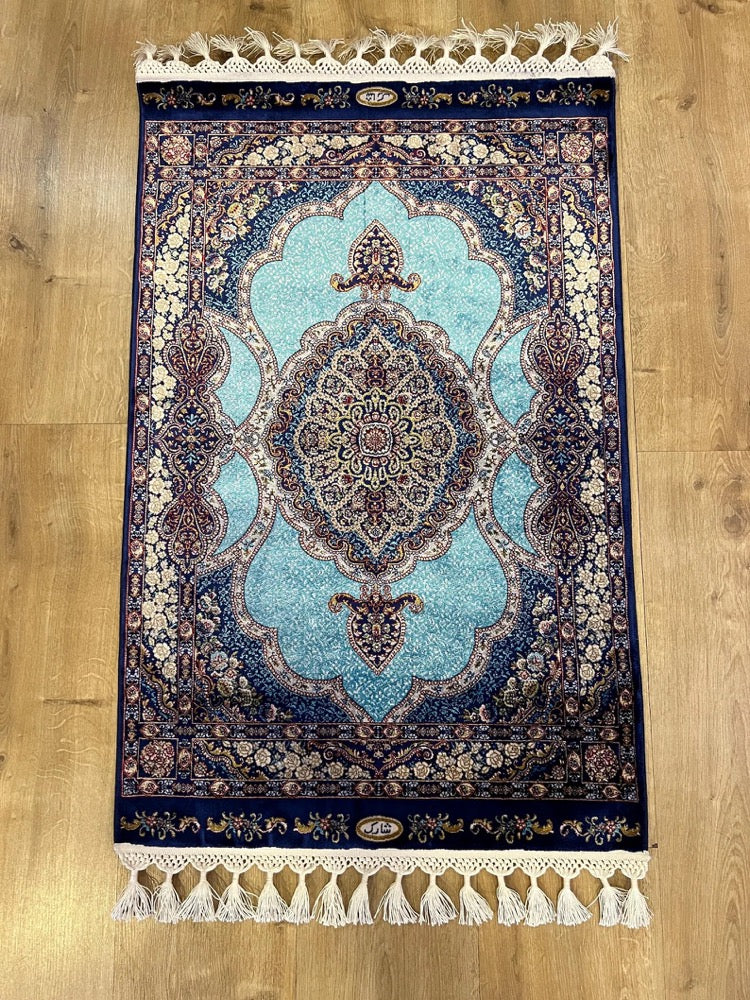 2x3 ft Blue Silk Rug, Small Medallion Rug