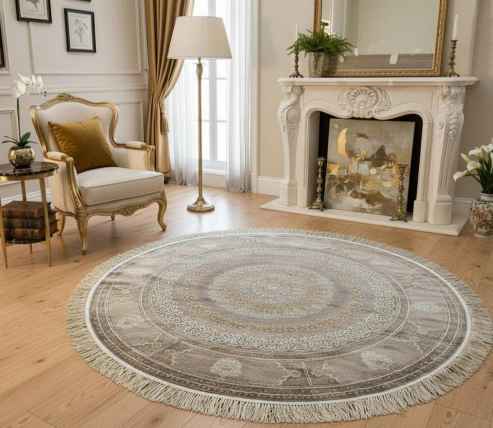 5x5 ft Gray Round Medallion Silk Rug, Classic Elegant Area Rug