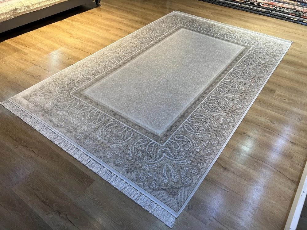 Cream Gray Gold Framed Silk Rug, Classic Luxury Area Rug
