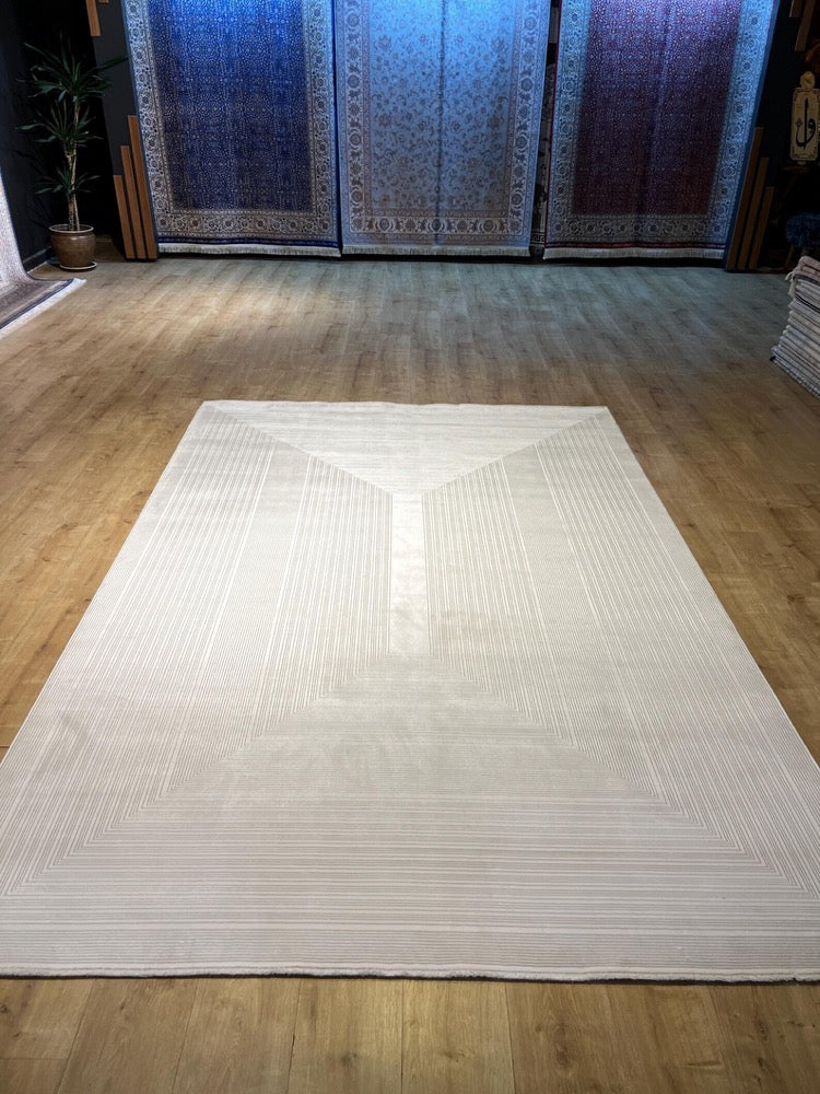 7x10 ft White Bamboo Area Rug, Modern Living Room Rug
