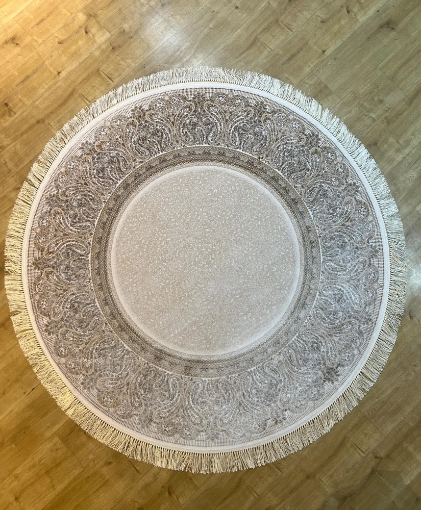 5x5 ft White Gold Gray Silk Rug, Framed Round Area Rug