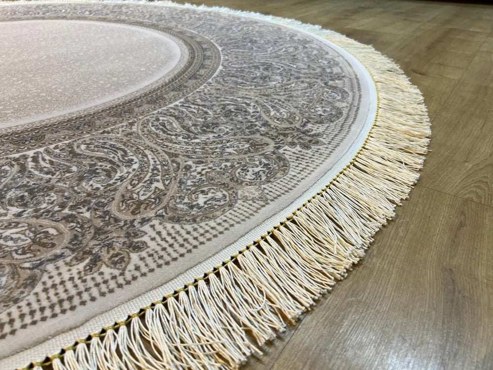 5x5 ft White Gold Gray Silk Rug, Framed Round Area Rug